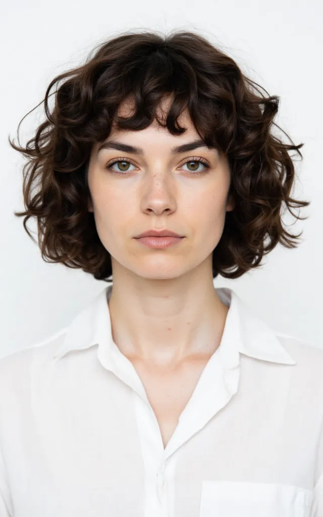 A French female model with a Curly bob, wearing a shirt, against a white background, in a front   facing bust portrait